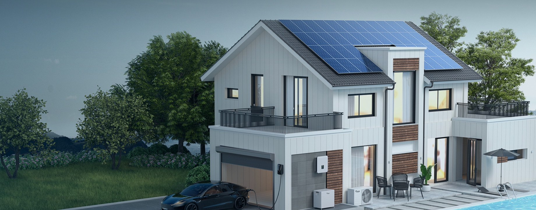 Modern villa equipped with rooftop solar panels, wall-mounted inverter and energy storage system, electric vehicle charging in driveway.